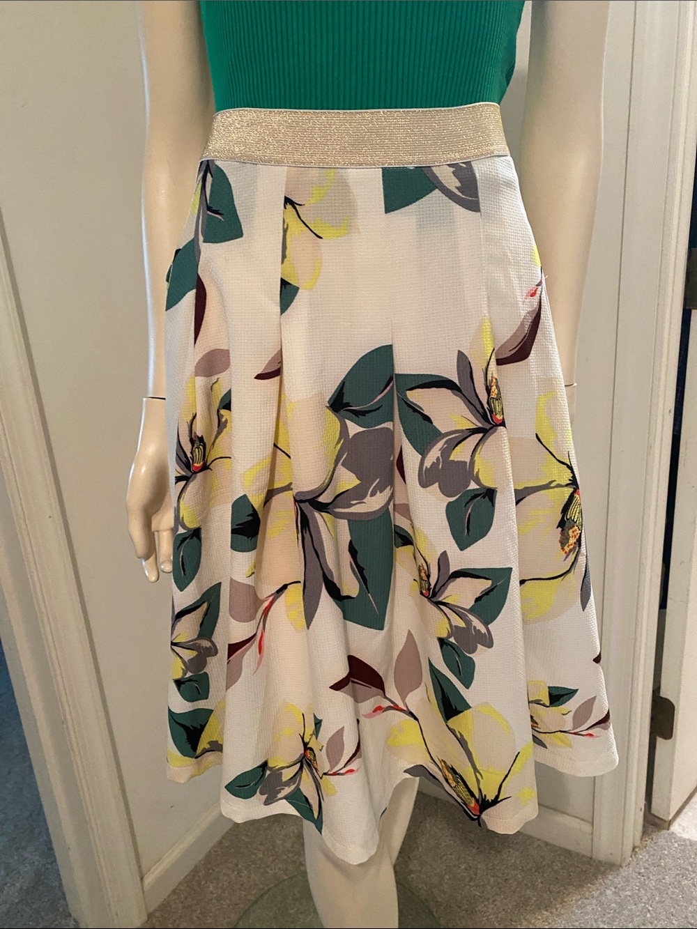 Floral Circle Skirt in White with Green and Yellow Print